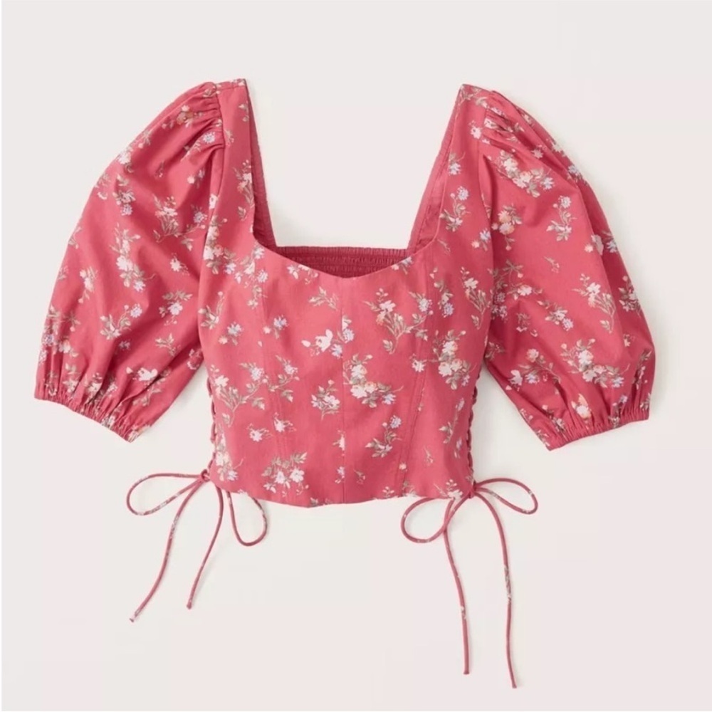 Abercrombie & Fitch Pink Floral Puff Sleeve Crop Top - Picture 1 of 8